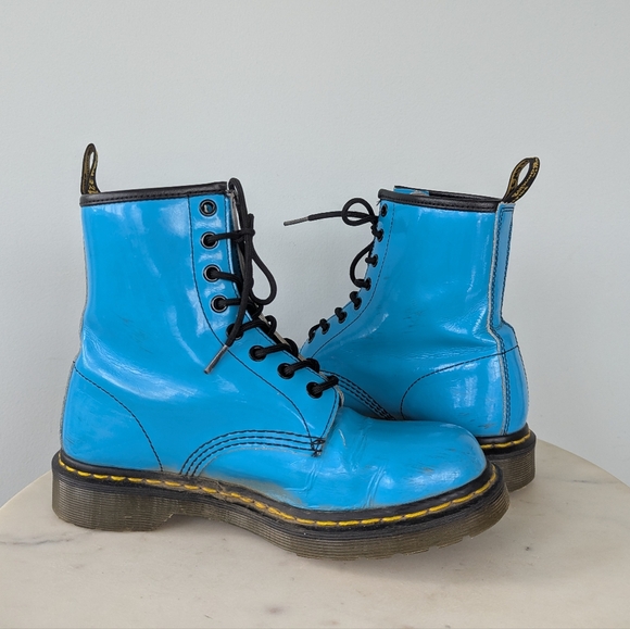 Dr. Martens Women's Turquoise Blue Patent Leather 1460 Lace Up Moto Boots - Picture 13 of 16